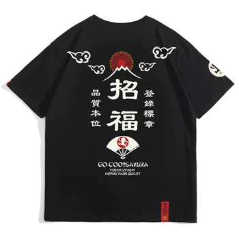 LACIBLE Mužov Hip Hop Harajuku T-Shirt Streetwear Čínske znaky Kanji Šťastie Cloud Print T Shirt Bavlna 2021 Bežné Tričko Krátky Rukáv