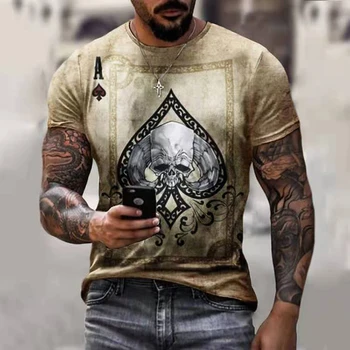 Pánske Bežné Poker Face Tlačiť T-Shirt Lete 3D Hrozné Lebky Piky Tlačiť T-Shirt pánske Pohodlné Voľné Nadrozmerné T-Shirt