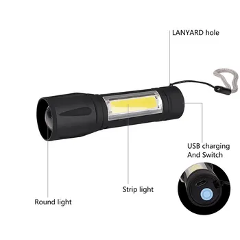 USB Rechargable Prenosné LED Baterka T6 COB LED Baterkou Nepremokavé Kempingové Svietidlo Zoomovateľnom Sústrediť Svetlo Taktická Baterka 2