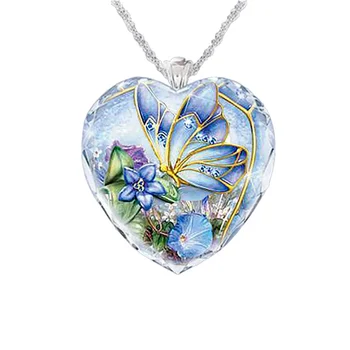 V Tvare srdca Krištáľové Sklo Blue Butterfly Kvetina Náhrdelník Prívesok Ženské Šperky, Módne kovové rastlín accessorie pre ženy darček