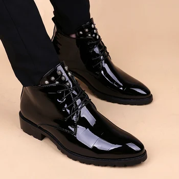 Pánske módne patent kožené topánky banquet prom nosiť čierne oxfords topánky namieril prst na jeseň zimná členková topánka zapatos botas muž