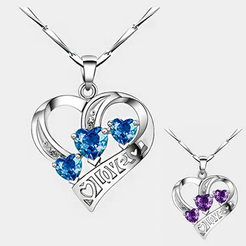 Jednoduchý Tri Srdce Náhrdelník Prívesok Pre Ženy Strieborné pozlátené Nádherné Modré crystal Náhrdelníky & Prívesky, Strieborné farebné Šperky