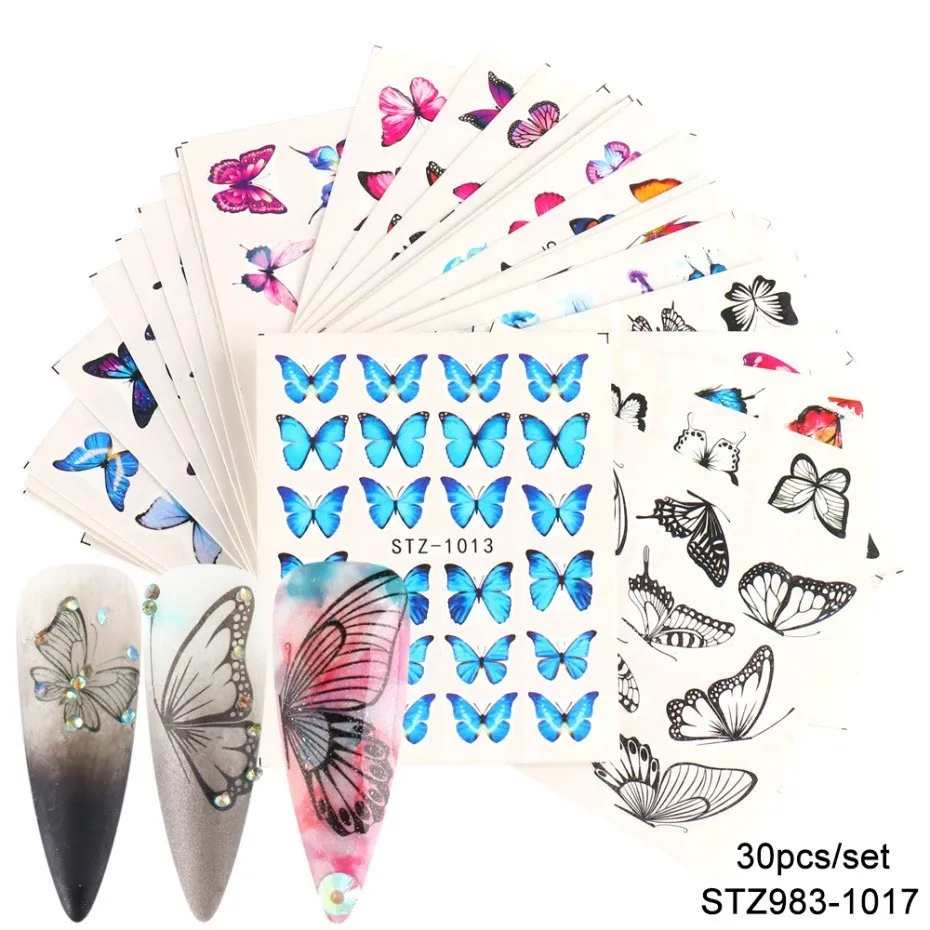 30pcs Nail Art Nálepky Jazdca Motýľ Prevod Vody Nastavte Farebný Kvetinový Manikúra Obtlačky Nail Art Decor Fólie Dekorácie Nastaviť 3