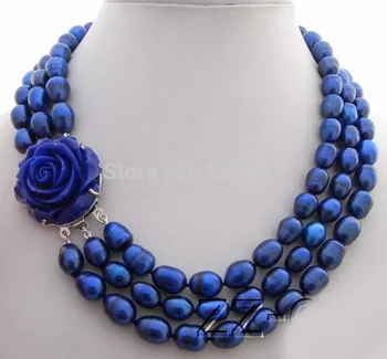 3Strds 11 MM Blue Pearl Náhrdelník Kvet Spona svadobný Dar pre ženy šterlingov--šperky prírodné veľká Perla necklacesgirl Svadbu