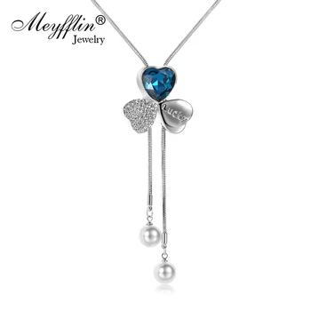 Meyfflin Collier Femme Dlhé Náhrdelníky pre Ženy, Blue Crystal Prívesok Módne Strieborná Farba Reťazca Ďatelina Náhrdelník Maxi Šperky