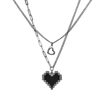 Kórejský Módne Čierne Mozaiky Láska Pixel Broskyňa Srdce Dvojvrstvové Dámske Náhrdelníky Pre Jemné Ženské Prívesok Náhrdelníky Strany Šperky