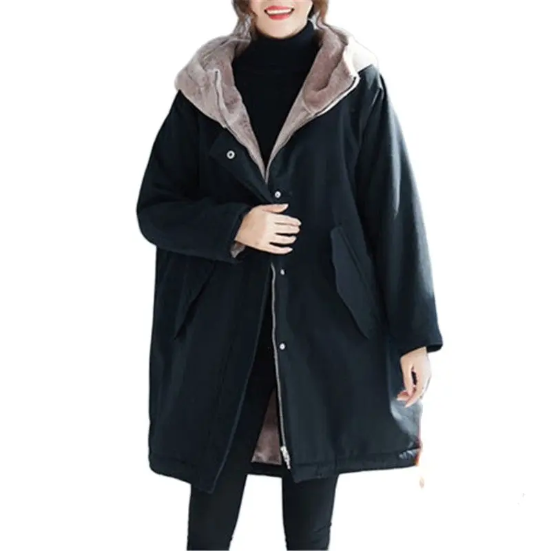 2022 Nové Módne Veľké Veľkosti Jeseň Zimné Kabáty Oblečenie pre Ženy Plus Velvet Bunda Voľné Kapucňou Dlho Parkas Zvrchníky N1160