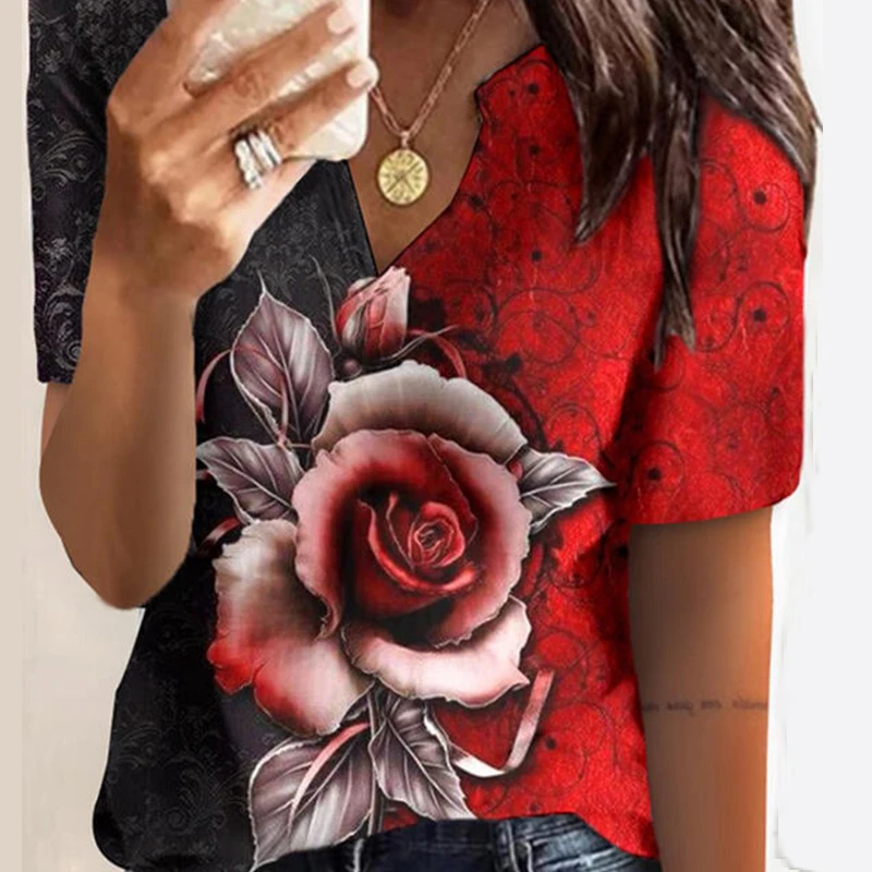 2022 v Lete tvaru Red Rose Vytlačené dámske Krátky Rukáv T-shirt Voľné Top Bežné 5XL Plus Veľkosť T-shirt Vestidos Para Mujer