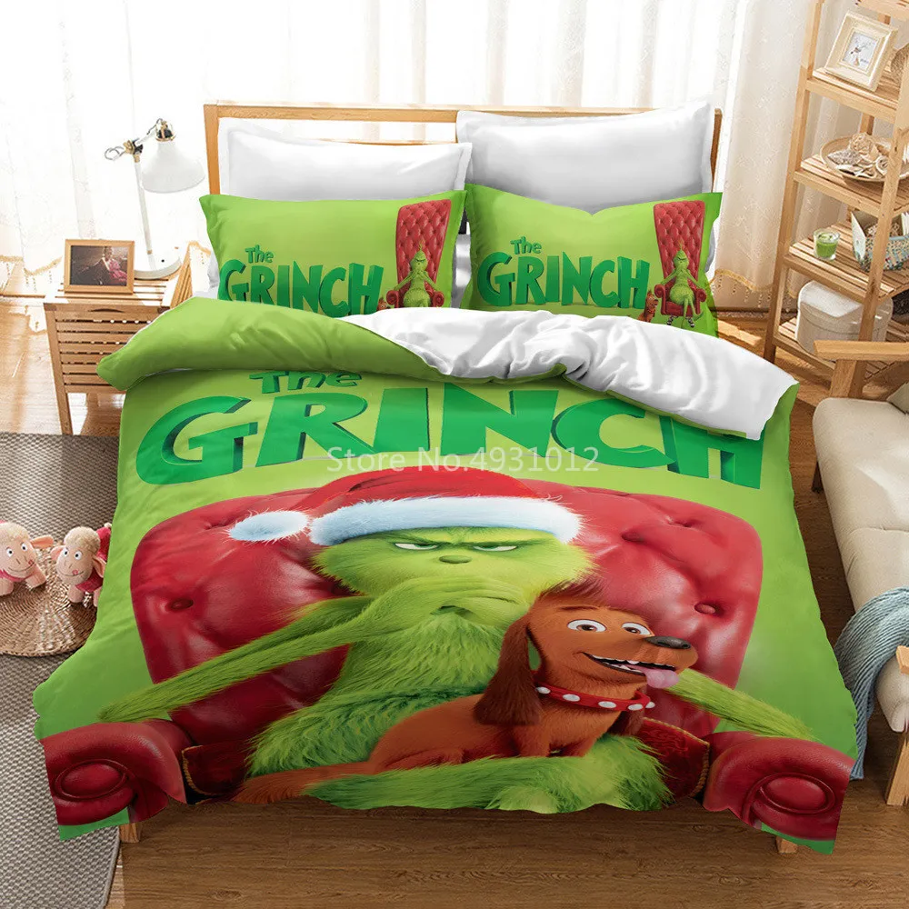 3D animovaný Film Grinch King Size Postelí Nastaviť Zelené Monštrum Psa Zvierat Vytlačené Perinu obliečky na Vankúše Nastaviť Posteľná Bielizeň Obliečky