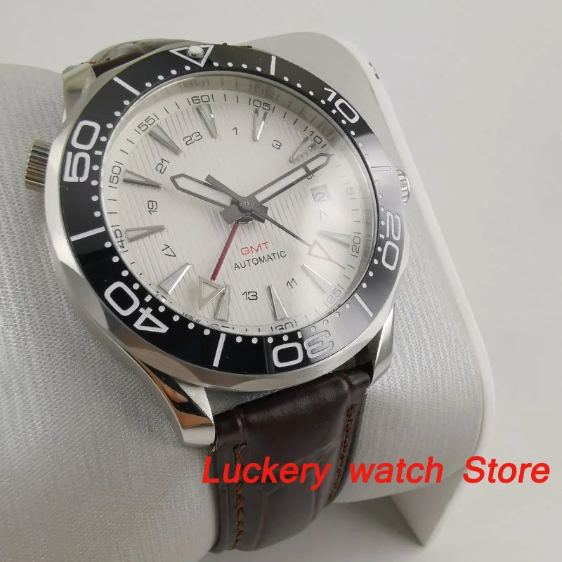 41mm č logo Luxusné hodinky biele dial Svetelný saphire sklo, Kožený remienok GMT Automatické muži Mechanické Hodinky-BA193