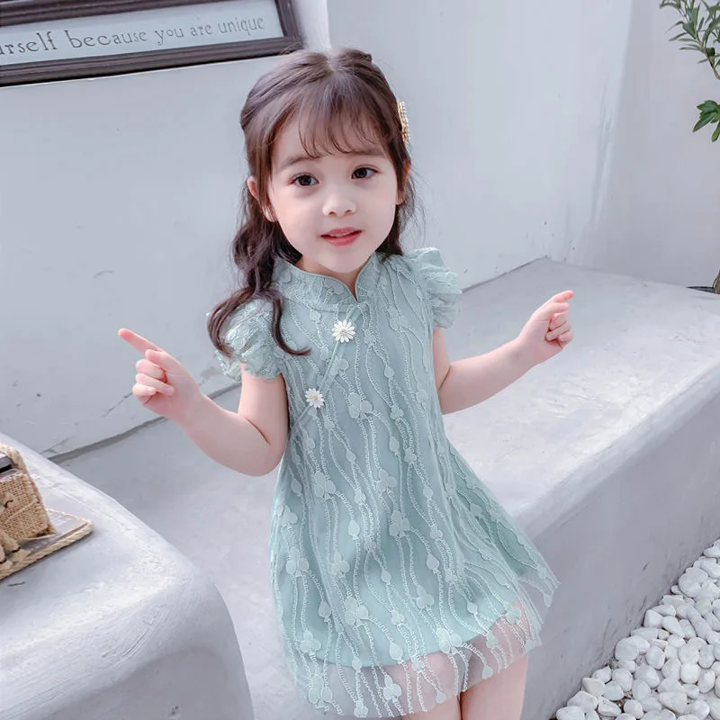 Dieťa Čipky Letné Šaty Bez Rukávov Čínsky Štýl Cheongsam Princezná Oblečenie Čipky Dieťa Nosiť Dieťa Výkon Oblečenie