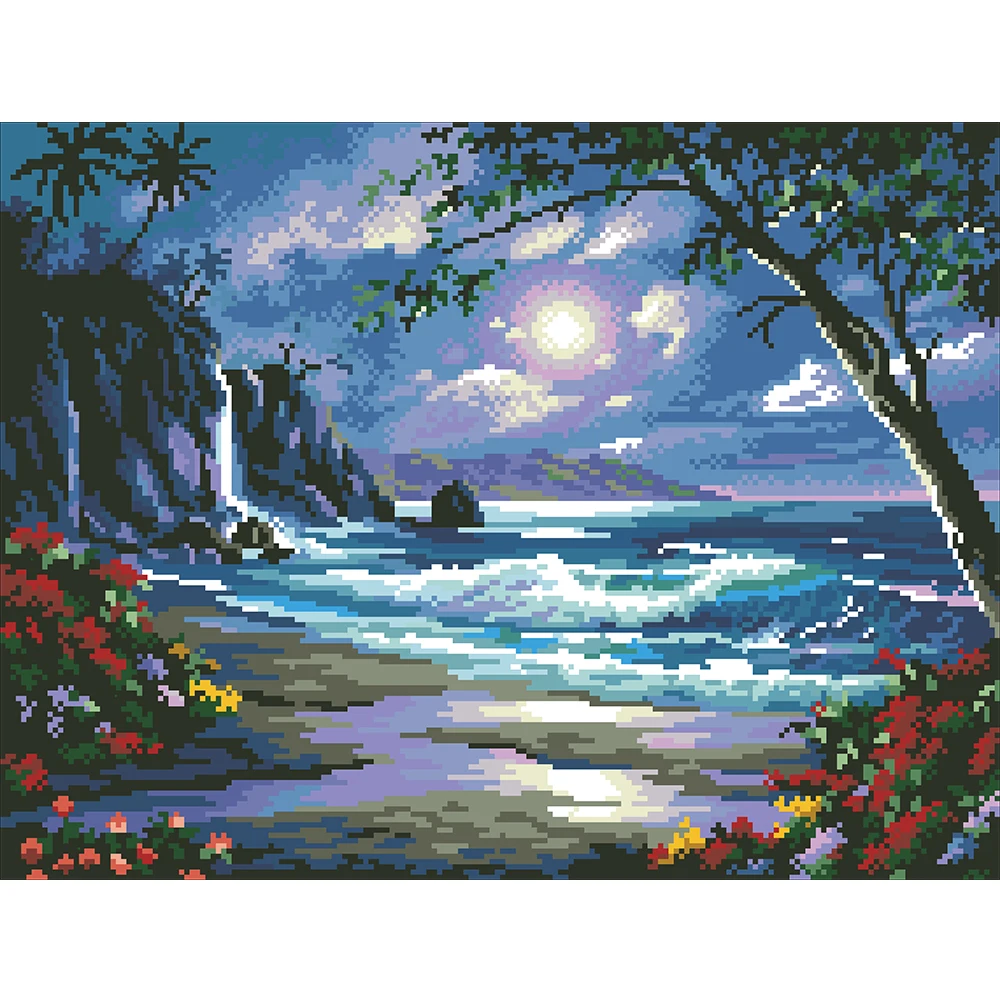 DIY Perličiek výšivky Moonlight seascape s Vopred Vytlačené Plátno Vzor Domáce dekorácie Hobby a výšivkami 21.7