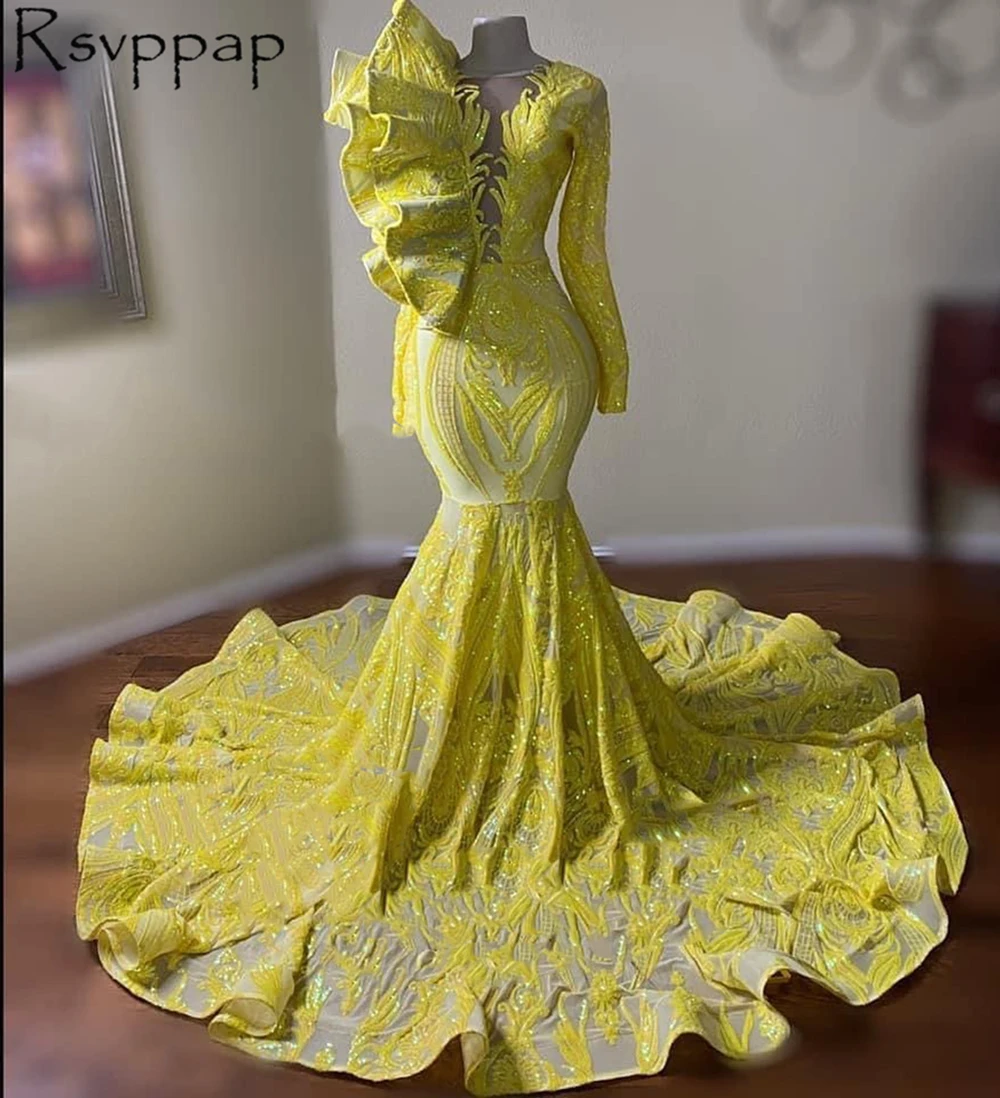 Dlhé Rukávy Iskrivý Sequin Africký Štýl Šiat Prom 2022 Nádherné Rozstrapatené Ramenný Žltá Mermaid Party Prom Šaty