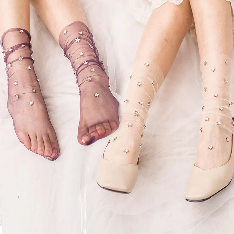 [EIOISAPRA]Ručné Žiariace Hviezdy Ultra-tenké Transparentné Oka Ponožky Farebné Haldy Haldy Japonsko Ponožky Ženy Lesklé Elegantné Femme Sox