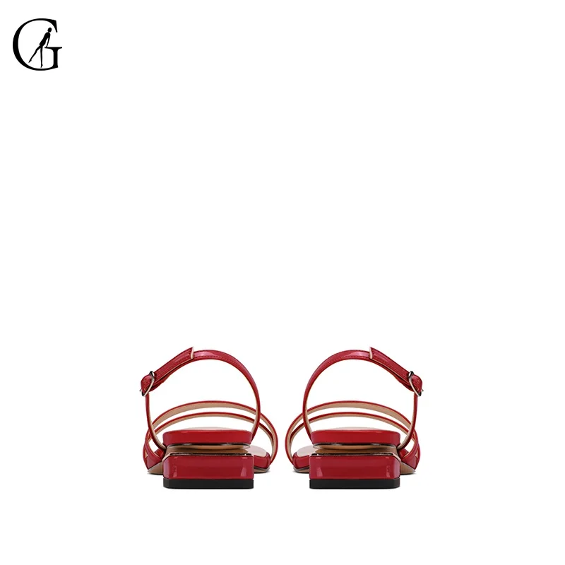 GOXEOU dámske Sandále lakovanej Kože Červenou Zadný Popruh Štvorcové Prst Bežné Pohodlné Party Fashion Office Lady Topánky Veľkosti 32-46