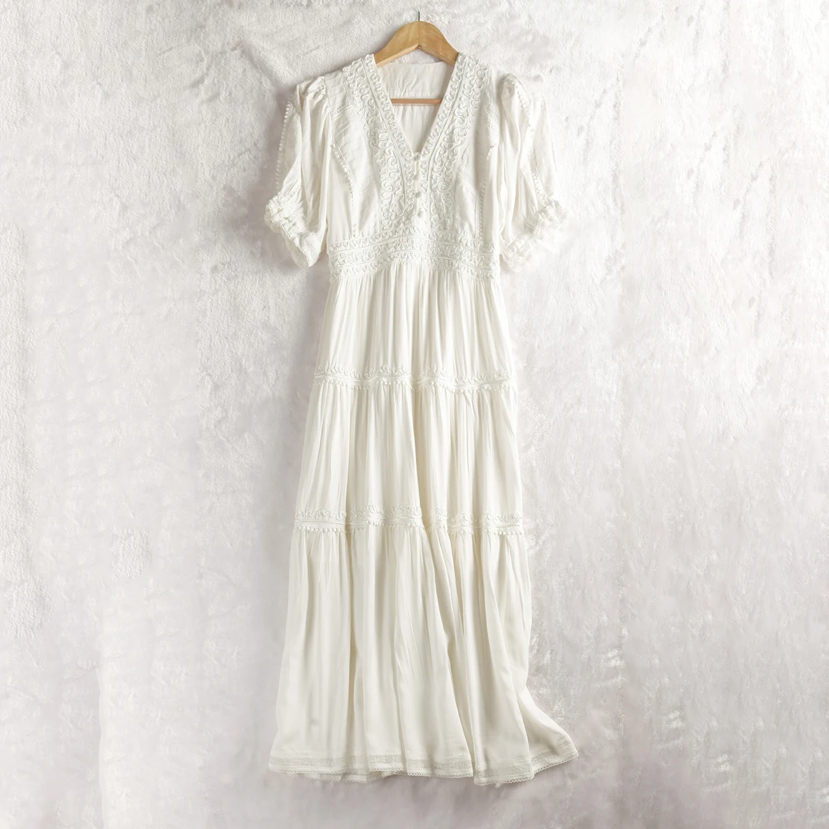 Jastie Retro tvaru Lístkového Rukáv Výšivky Maxi Šaty pre Ženy 2022 Lete Boho Dlhé Šaty Bielej Bavlny Bežné Plážové Šaty