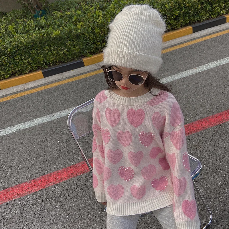 Jeseň Zima Dievčatá Sveter Baby Knitwear Deti Topy Deti Módne Oblečenie Srdce Rebrový Úplet Pink Pearl Patch 4 Do 13 Rokov