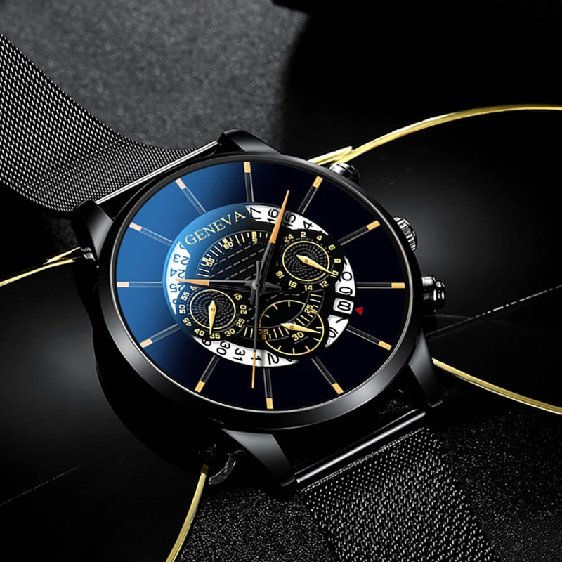 Luxusné pánske Módne Business Kalendár Hodinky Modré z Nehrdzavejúcej Ocele Oka Pásu Analóg Quartz Hodinky relogio masculino pánske hodinky 0