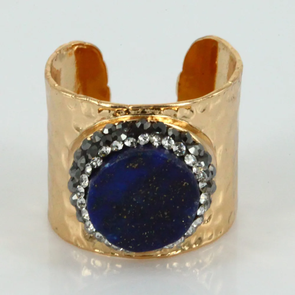 Luxusný dizajn šperky cutted kolo prírodné tmavo modrá blapis lazuli drahokamu zlaté base nastaviteľné otvoriť krúžok unisex