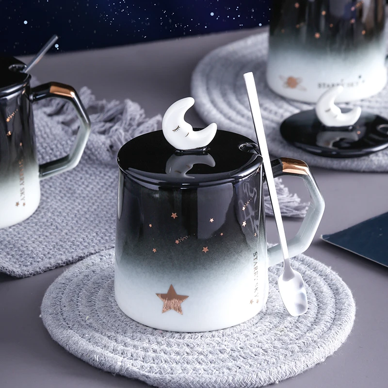 Moon Star Hrnček Pohár Keramický Pohár Vody Nordic Mlieko, Káva, Čaj, Pohár s Vekom Lyžice Zlato Hviezdne Nebo Drinkware Tvorivé Narodeninám