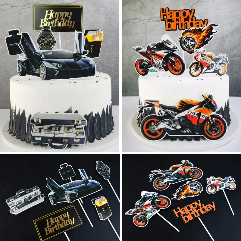 Motocykel Série Happy Birthday Cake Vňaťou deň otcov Chlapcov Mužov Narodeninovú Tortu Dekorácie Roadster Tému Party Dodávky