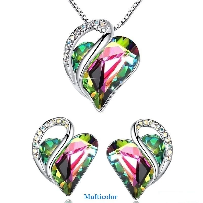 NOVÉ Módne Striebro Láska Srdce Crystal Stud Náušnice Prívesok Náhrdelník Birthstone Šperky Set Darčeky pre Ženy