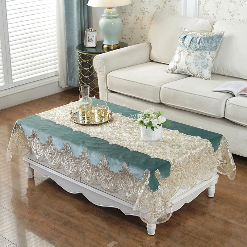 Obrus biely, Zlatý Velvet Európe Luxusné Vyšívané Stôl Jedálenský Stôl Kryt Okrúhly obrus Čipky Tv Kabinet Protiprachový Kryt