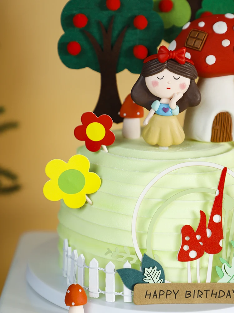 Princezná Dievča Happy Birthday Cake Vňaťou Mäkké keramiky Strom Vložiť Dekor Apple tree Húb Kabíne Pečenie Koláčov Dekorácie