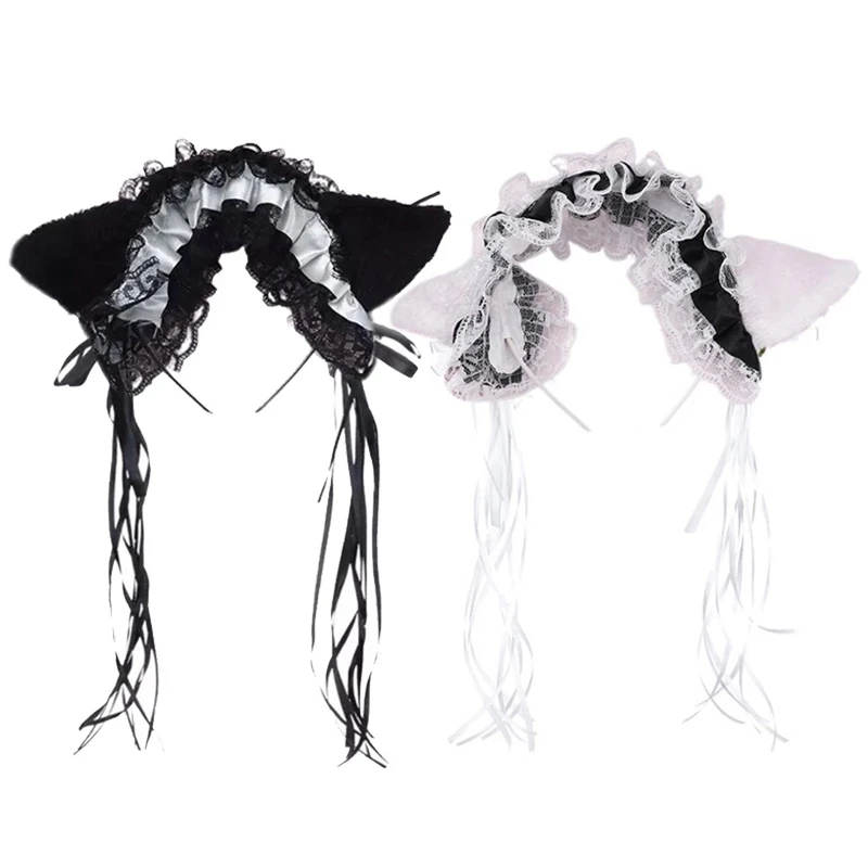Roztomilý Cosplay Čipky Mačka Uši pokrývku hlavy Luk Páse s nástrojmi Hairbands Pre Ženy Lolita hlavový most Dievča Plyšové Strapce Bell Dekor Vlasy Obruče