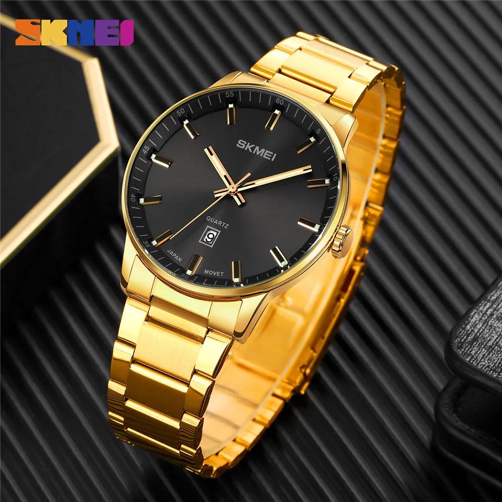 SKMEI Nový Luxusný Náramok z Nerezovej Ocele Quartz náramkové hodinky Pre pánske Auto Dátum Muž Hodiny Vodotesné Hodinky Relogio Masculino 0