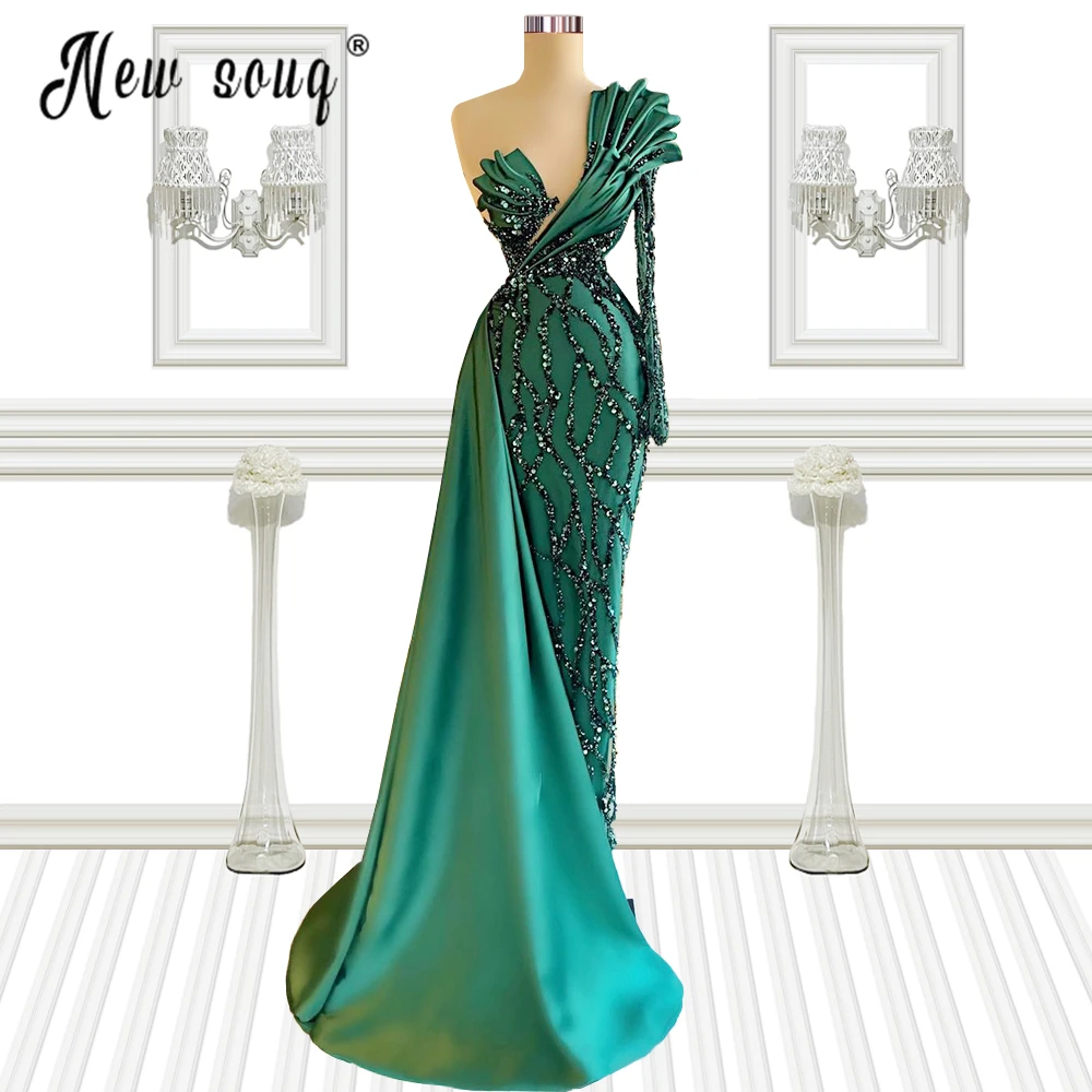 Smaragdovo Zelená Jeden Celý Rukáv Morská víla Večerné Šaty 2021 Luxusné Skladaný Iskrivý Celebrity Šaty pre Ženy Prom Party Šaty 0