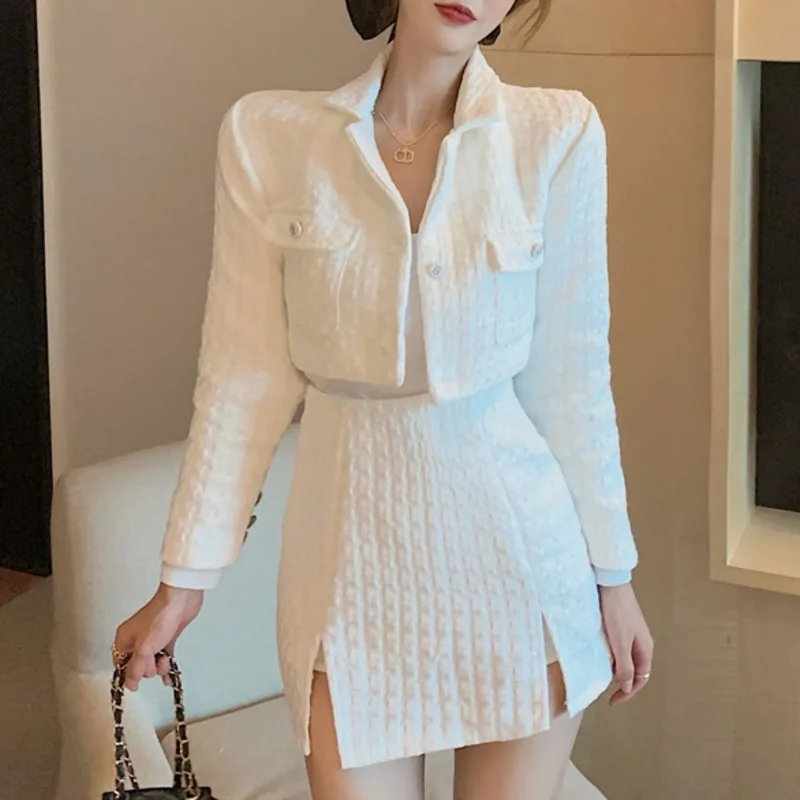 Vysoká Kvalita 2021 Jeseň Zima 2 Dielna Sada Ženy Oblečenie Móda Kórejský Elegantný Štíhly Krátka Bunda, Kabát + Sukne Dve Kus Vyhovuje