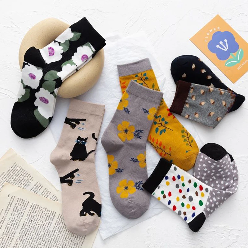 Zviera Tlače Harajuku Kawaii Ženy Ponožky Mačka Dizajn Roztomilé Ponožky Dot Kvet Maľovanie Kórejský Štýl Art Tvorivé Sokken