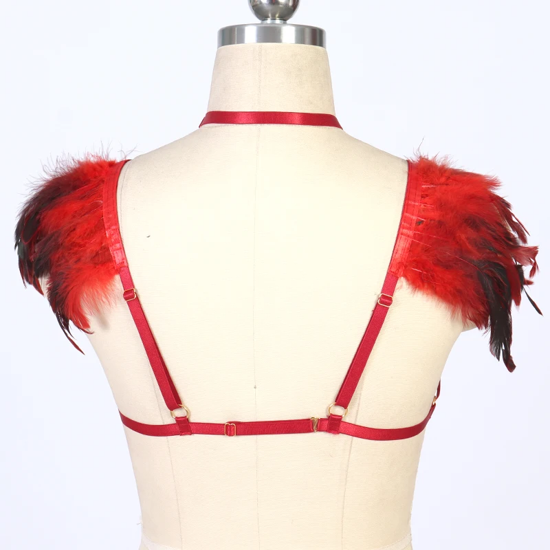 Červené Perie Krídel Orgán Vedenia Pásu BDSM Otroctva Telo Postroj Epaulettes Cape podprsenka Pružné prispôsobenie Bielizni Goth Fetish tanečné nosiť