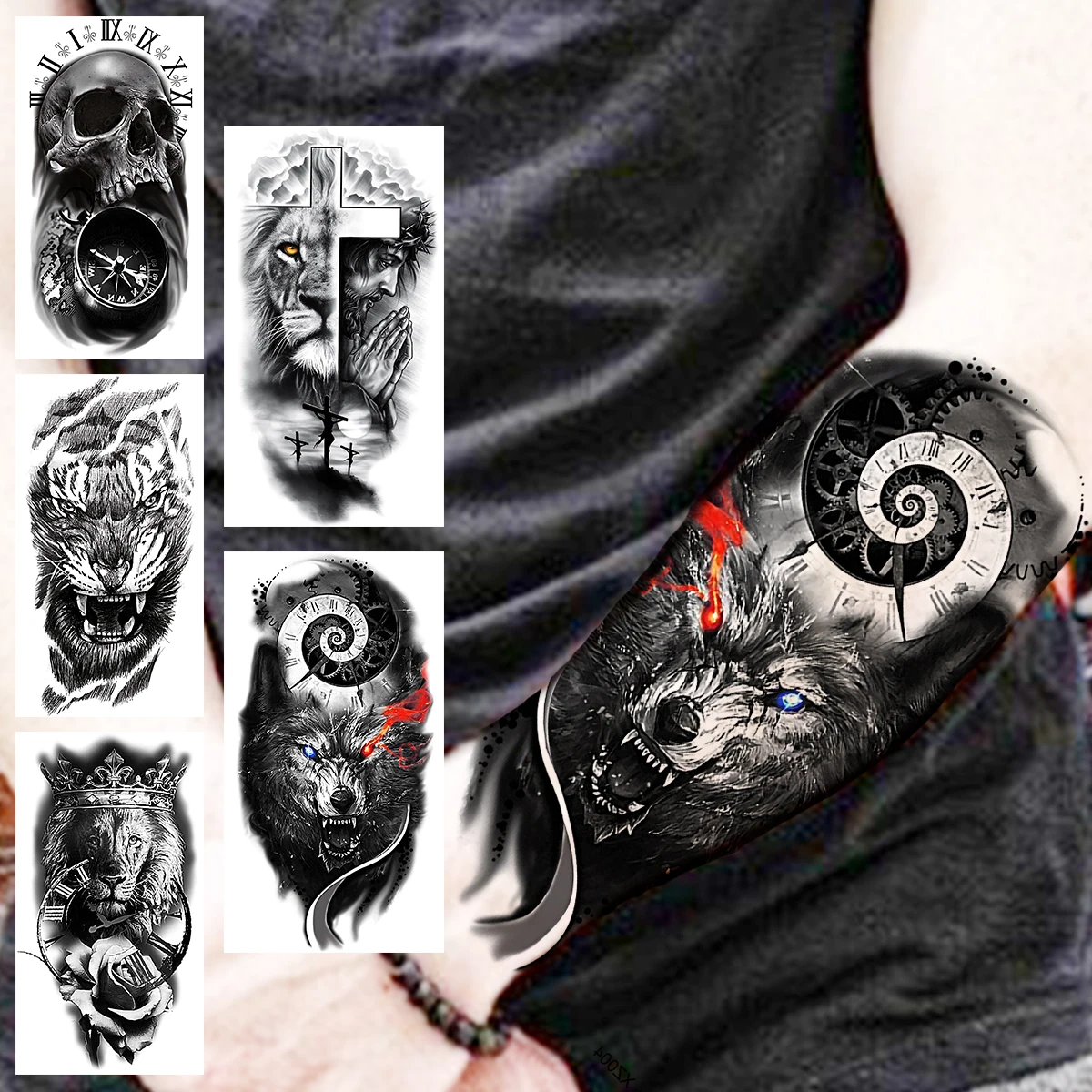 Čierny Vlk Kompas Dočasné Tetovanie Pre Ženy, Mužov Realistické Lebky Tiger, Lev Modlí Falošné Tetovanie Nálepky Predlaktie Tatoos Vlastné