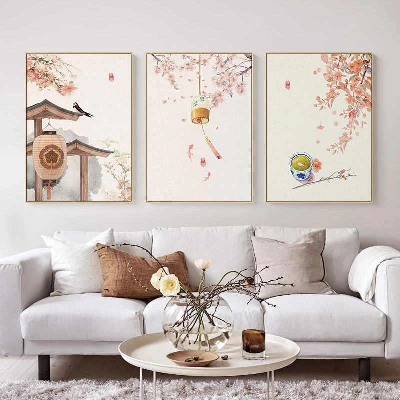 Čínsky Štýl Krajiny Plátno Maľovaní Plagátov Kvety, Stromy a Zvonkohra Vytlačí Wall Art Obrázky pre Obývacia Izba Domova