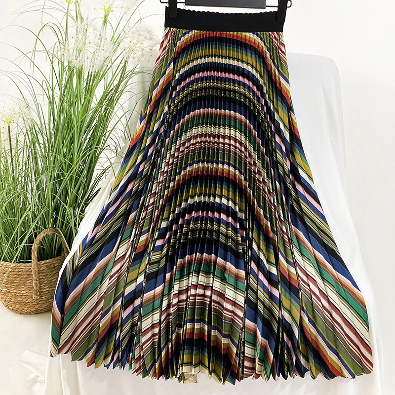 Ženy ' s Rainbow Skladaná Sukňa Elastický Pás Satin Prekladané Vytlačí sukne Ženy 2020 Leto, Jeseň nosenie Stredná Dĺžka Sukne