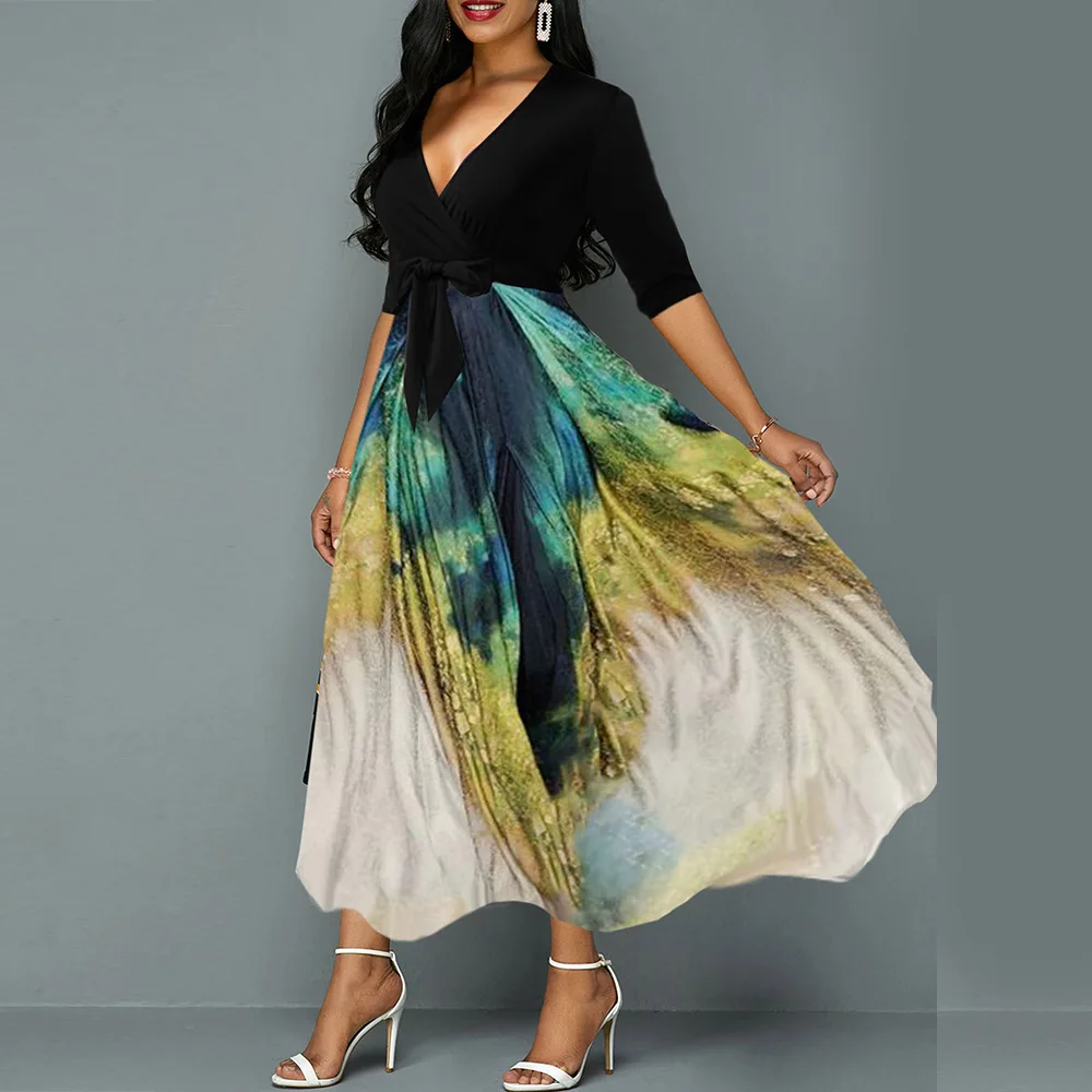Ženy Šaty Letné 2020 Vinobranie V krku Páva Vytlačené Retro polovičný Rukáv Plus Veľkosť Dlho Maxi Vysokej Čaká Večer Party Šaty