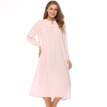 Dlhý rukáv čistej bavlny Princezná nightdress jeseň nové veľké veľkosti voľné pyžamo dámske krásny domov oblečenie 0