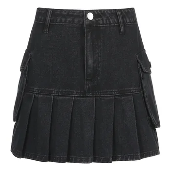 HOUZHOU Čierne Vysoké strede zúžený Skladaná Sukňa Punk Harajuku Denim Riadok Mini Sukne Y2K Vrecku Streetwear Nástroje, Oblečenie pre Ženy