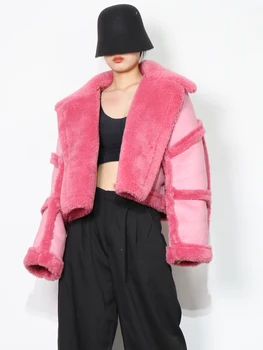 TWOTWINSTYLE Ružová Bežné ovčej vlny Bunda Pre Ženy Klope Dlhý Rukáv, Krátke kórejský Bundy Ženskej Módy Nové Zimné Oblečenie 2