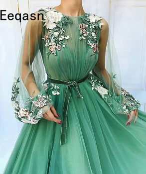 Veľkoobchod Arabské Moslimské Večerné Šaty S Dlhým Rukávom Svetlo Zelený Kvet Formálne Prom Šaty 2021 Vlastné Večerné Party Šaty 0