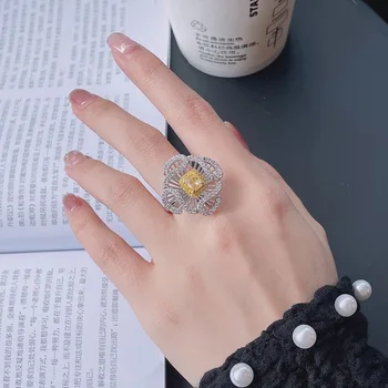 Európa Amerika Luxusné Kvetinové Krúžky Vložkou Yellow Crystal Zirkón Duté Lístkov Geometrie Šperky Pre Ženy, Svadobné Koktail Party 0