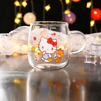 Hello Kitty Módne Cartoon Transparentné Sklo Šálku Čaju s Vekom Roztomilý Rukoväť Mierka Anti-obarenie Pitnej Pohár