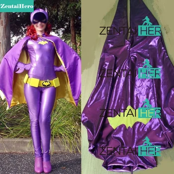Nový Sexy Dievča Fialová Batgirl Cosplay Kostým Lesklé Kovové Zentai Kombinézu Superhrdina Komické Catsuit s Cape UC11901