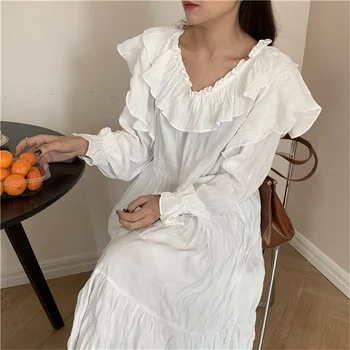 Cudzie Kitty White Nadrozmerná Sladké Ženy Maxi Šaty Módne Elegantné Volániky OL tvaru 2021 Rovno Voľné Vestidos Jeseň Bežné