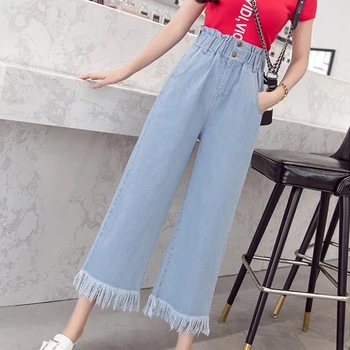 JMPRS Čistej bavlny jar voľné džínsy kórejský elastické vysoký pás na členok-dĺžka džínsové nohavice vintage strapec street wear plus veľkosť