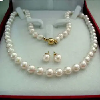 Doprava zadarmo 7~8 mm Skutočný Prírodný Biely Akoya umelo Pestované Perly náhrdelníky náušnice nastaviť