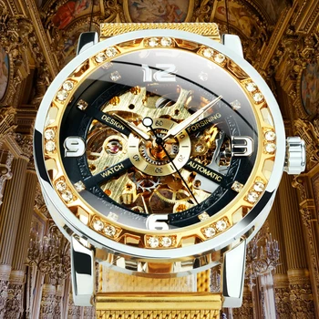 Forsining Zlaté Hodinky Pánske 2021 Kostra Mechanické Hodinky pre Mužov Oka Slim Nehrdzavejúcej Ocele Popruh Top Značky Luxusné náramkové hodinky