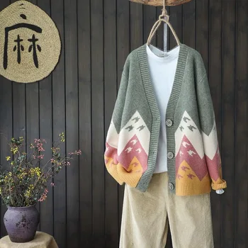 Vintage Spring Autumnu patchwork žakárové Cardigan Coats Žien Príležitostné Voľné nadrozmerné pletené bundy printting Svetre 2021